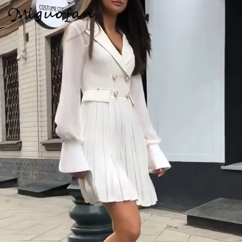 Miguofan women blazer dresses pleated button white dress office lady vintage flare long sleeve vestidos female robe | Женская одежда