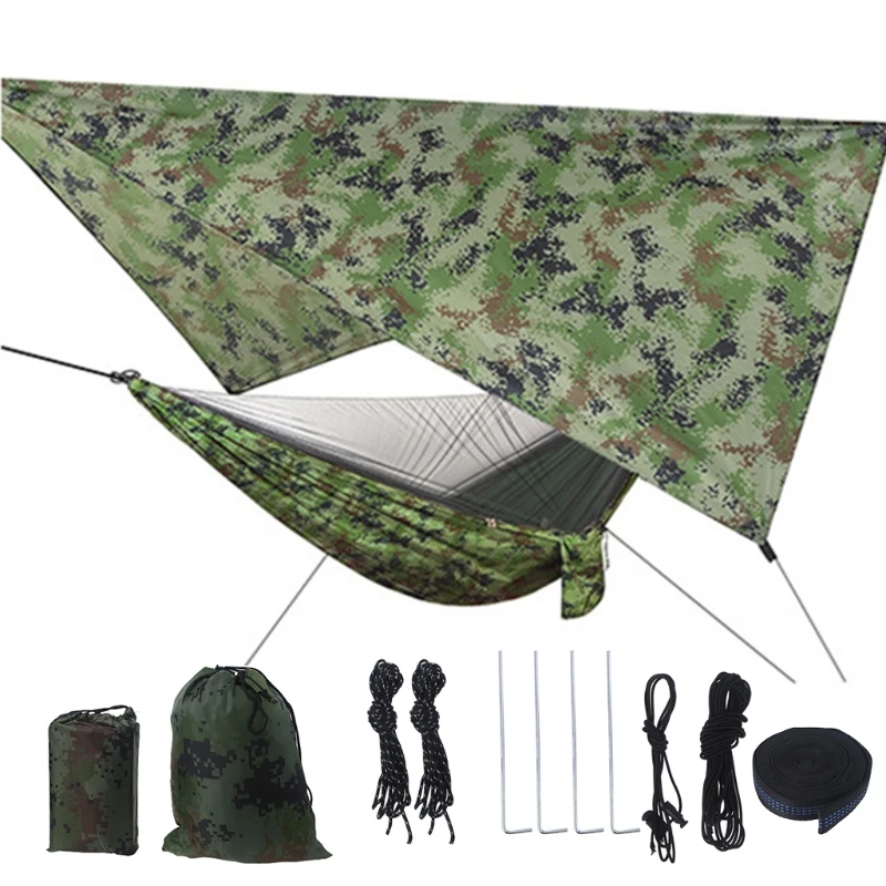 

652F Camping Hammock with Net and Tarp Rain Cover and Tree Straps 200kg Load Capacity 290 x 140 cm Nylon Double Hammock