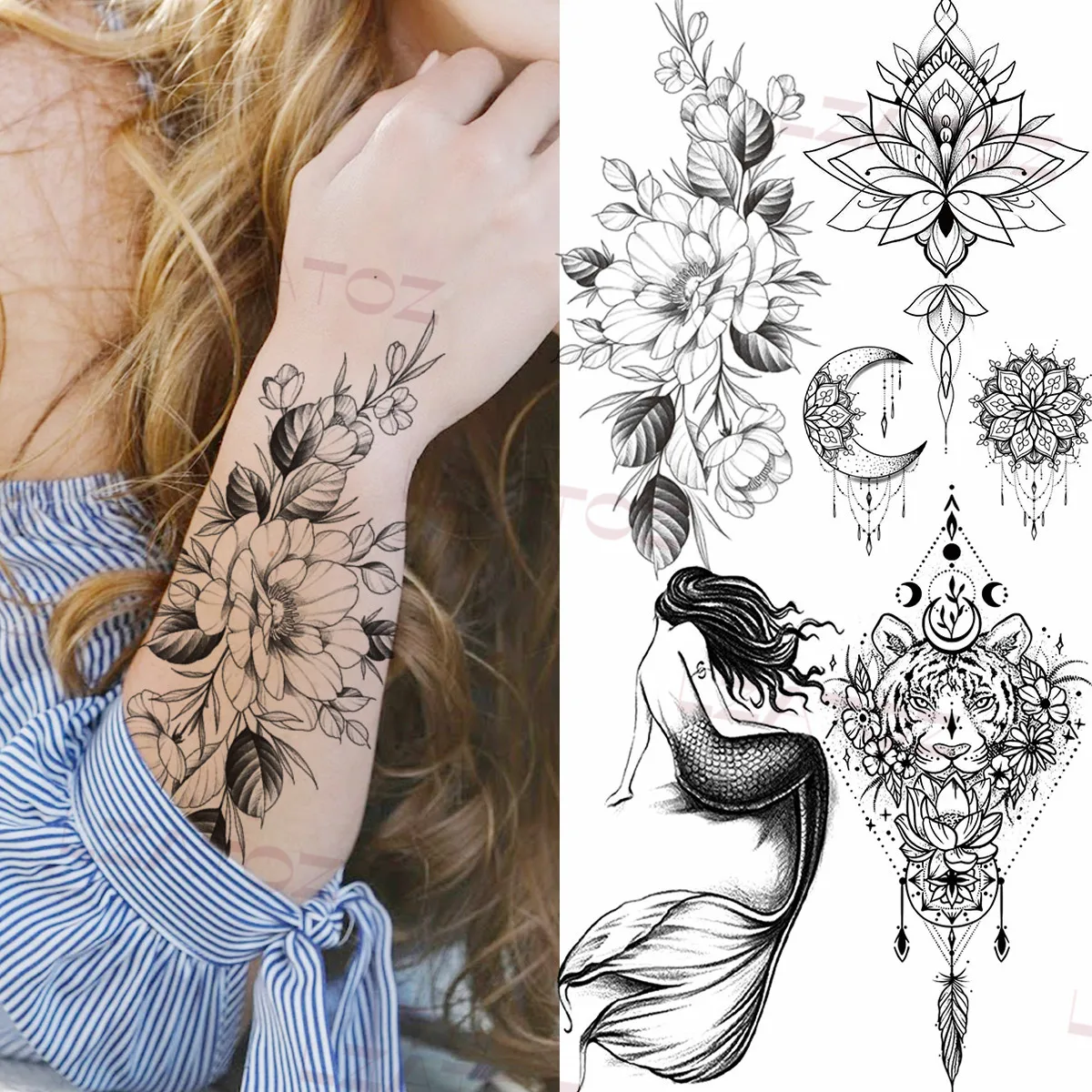 

Realistic Dahlia Temporary Tattoos For Women Adult Pendant Henna Mermaid tiger Fake Tattoo Body Art Painting Half Sleeve Tatoos