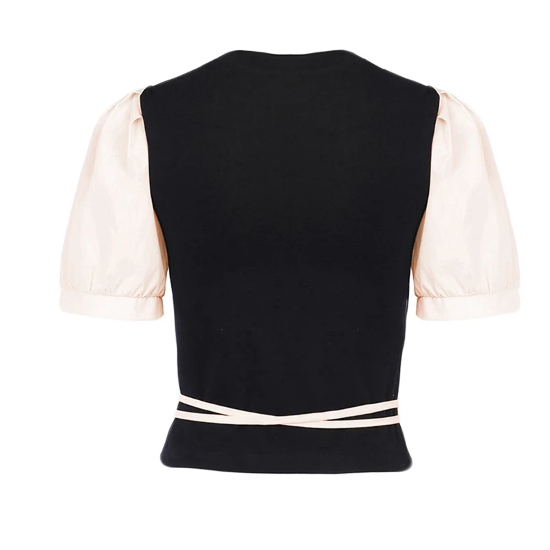 

Summer Slim Round Neck Button Buckle Short-Sleeved Female Bandage Pleated Bubble Sleeve Stitching Top