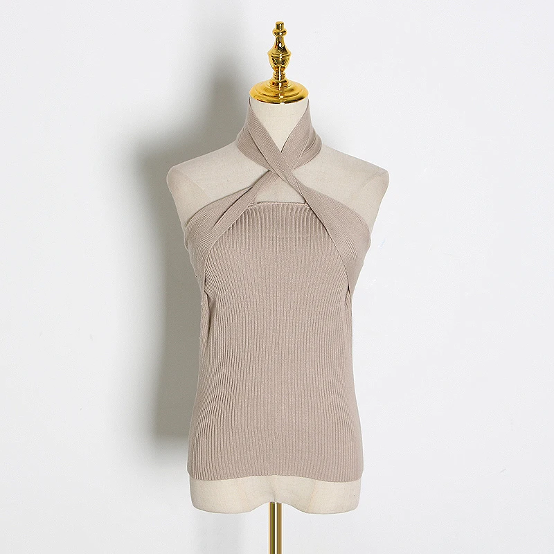 

Solid Sleeveless Sexy Women Sweater Halter Off Shoulder Slim Knitted Tops Female Fashion Summer New 2021 girl top