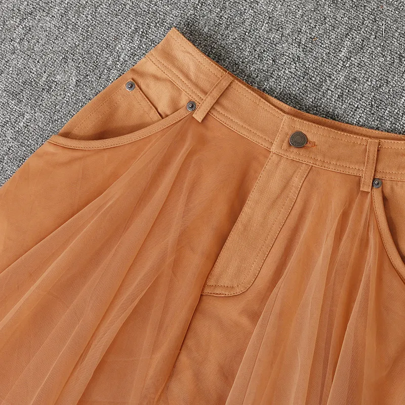 

2021 New Spring Runway Fashion High Waist Denim Patchwork Midi Mesh Party Casual Skirts Womens Clothing Elegant Lady