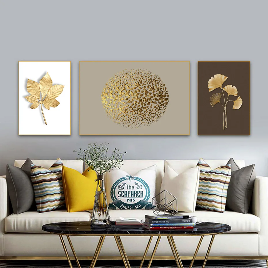 Холщовая живопись золотые листья гинкго Золотая фольга настенное искусство