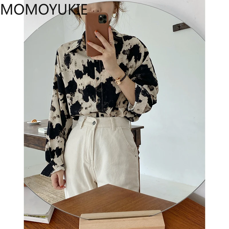 С принтом коровы на пуговицах рубашки для женщин блузка с длинными рукавами в