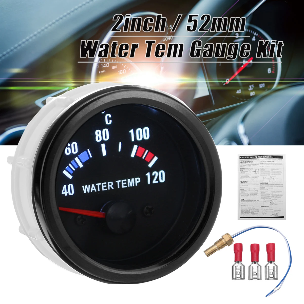 

2Inch 52mm 12V Car Water Temperature Gauge Kits White Digital LED Readout Black Len Face Water Temp Meter with 1/8 NPT Sensor