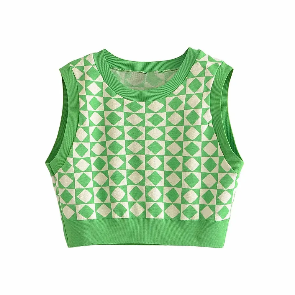 

BBWM 2021 New Women Vintage Round Neck Green Argyle Cute Sweater Vest Girl Sweet Casual Pullover Slim Chic Waistcoat Short Top