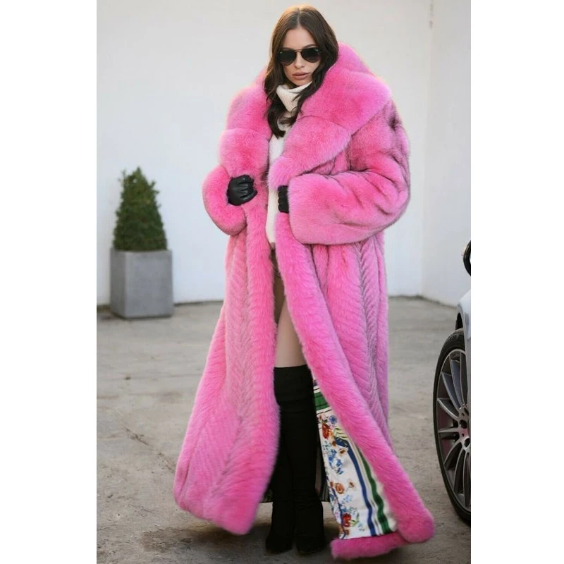 BFFUR 130cm Long Natural Fox Fur Coat 2022 New Trendy Rose Red X-Long Women High Quality Genuine Fox Fur Coat Luxury Outwear