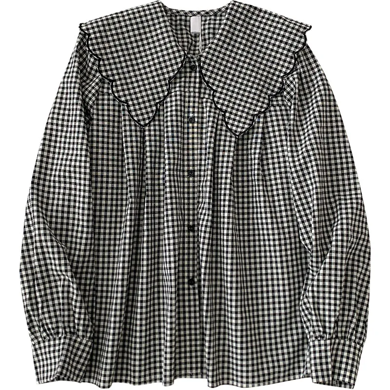 

Turn-Down Collar Plaid Women Shirts Loose Casual All Match Sweet Style Long-Sleeved Female Outwear Tops