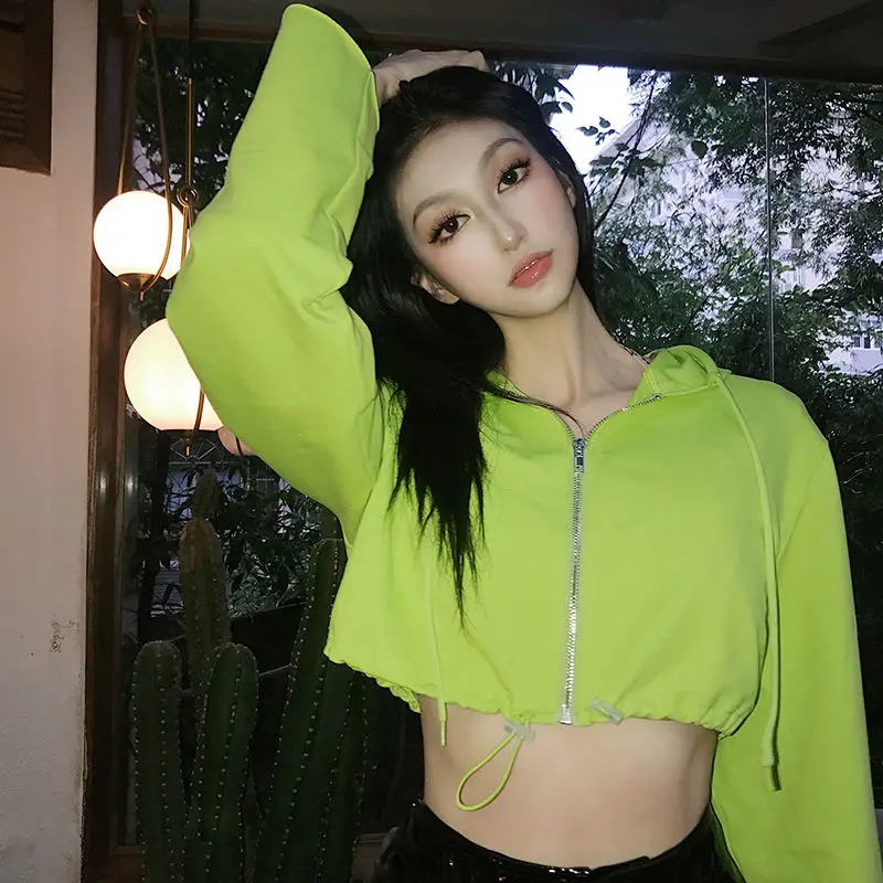 

2021 new product personality punk girl hooded sweater women all-match high waist long sleeve zipper crop top