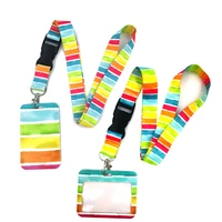 light rainbow color lanyard credit card id holder bag student women travel card cover badge car keychain decorations
