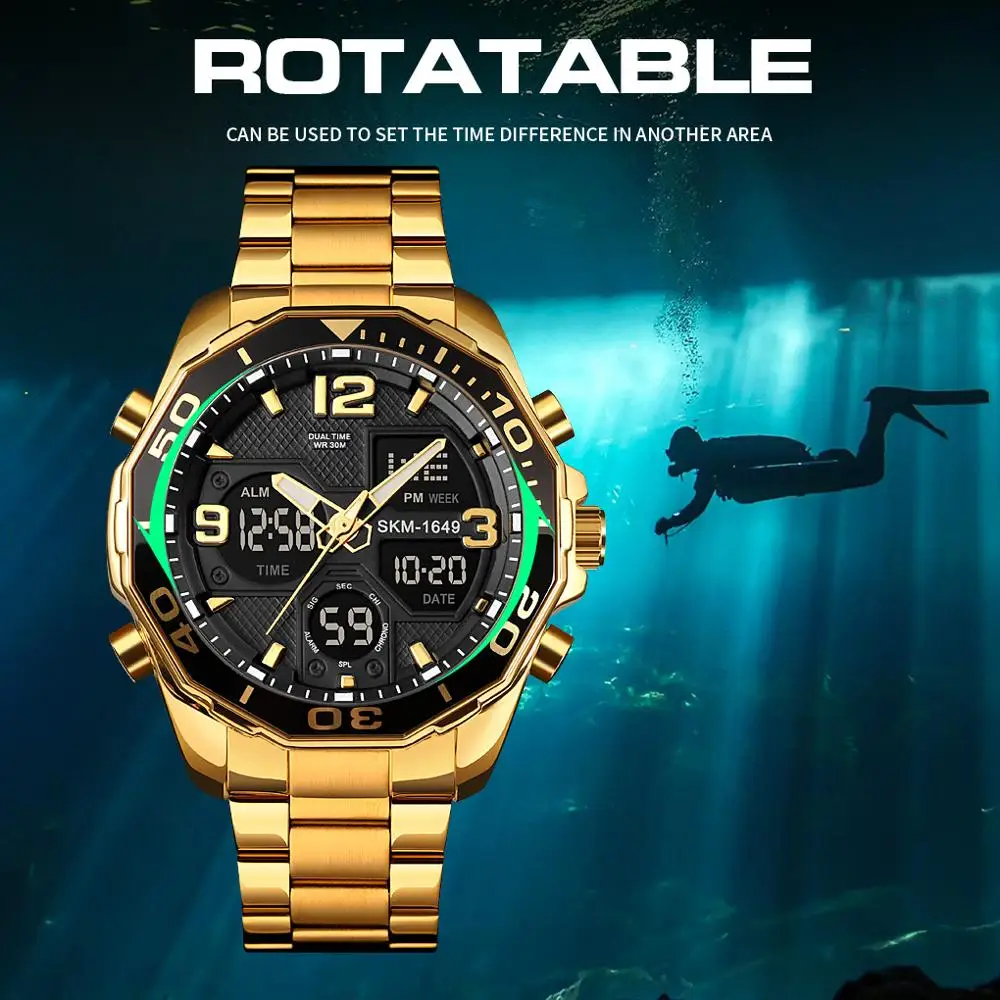 

SKMEI Top Brand Luxury Watches Men Wristwatch Gold Digit Quartz Dual Movement LED light Male Stopwatch Clock Relogio Masculino