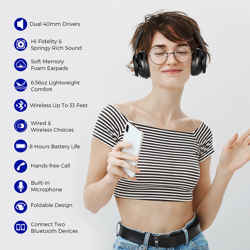 Mpow Thor Over-Head Wireless Bluetooth 4.1 Headphones with Carrying Case - Foldable Design, 8h Playing Time - Compatible with iPhone, Xiaomi, Android, SONY image 6