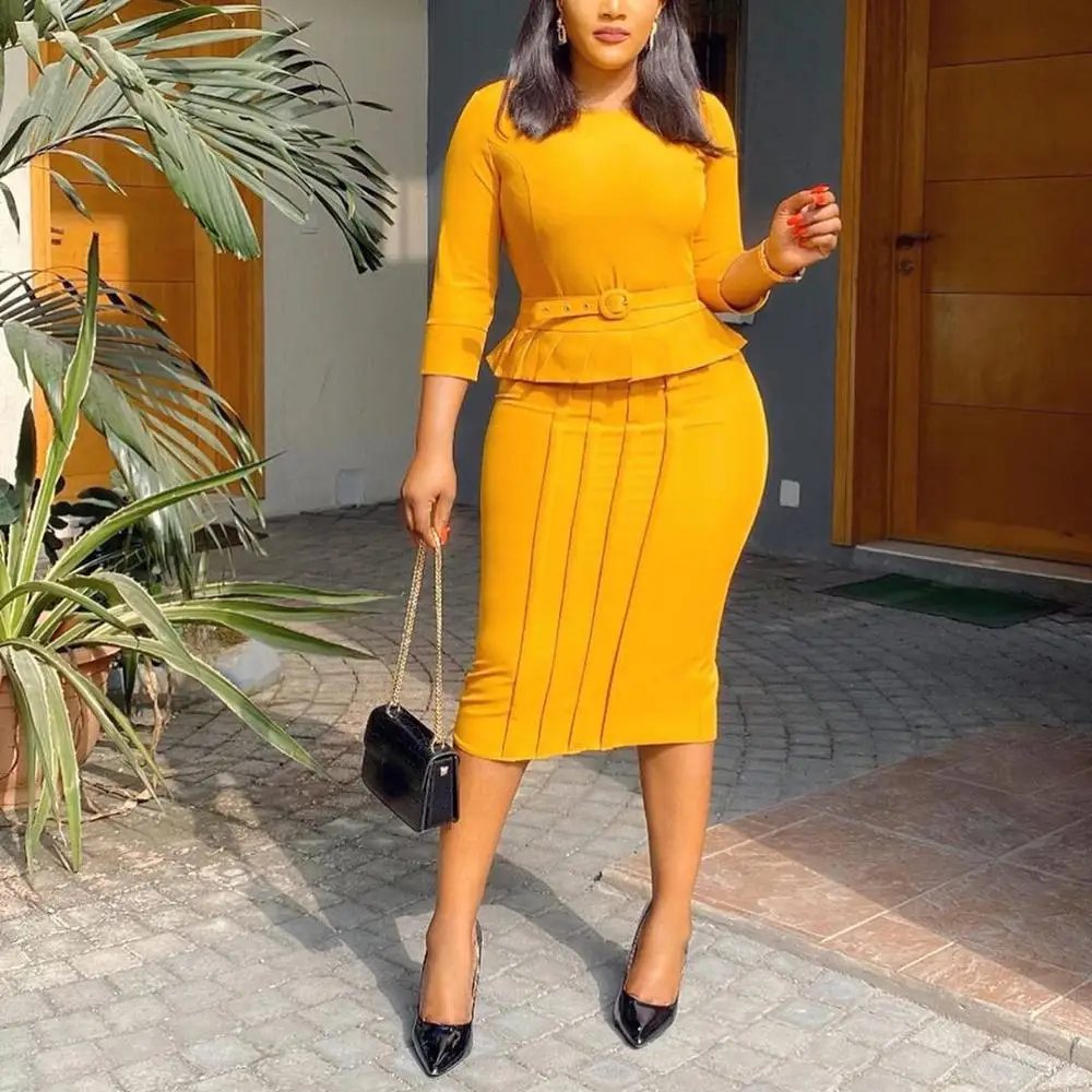 Платье-Карандаш желтое до середины икры | Женская одежда