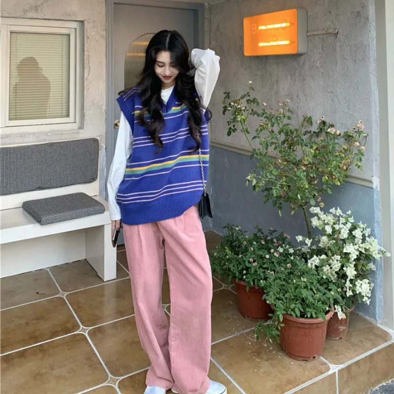 

Pullovers Women Simple All Match College Leisure V-Neck Sleeveless Korean Style Trendy Striped Popular Female Lovely Soft Fall