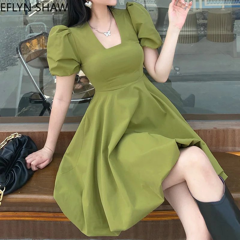

Fluffy Princess Dress Women Vintage Square Neck Puff Sleeve Short Green Dress Summer New Korean Chic High Waist Slim Black Dress