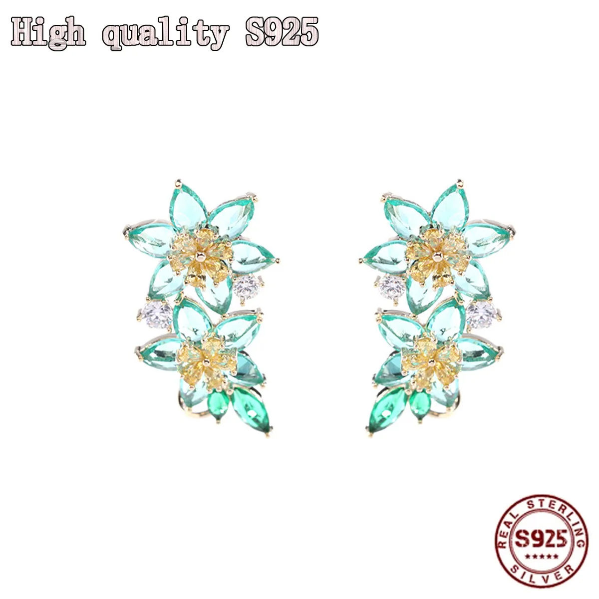 

S925 Silver Needle Fine Fashion Jewelry Sweet Fresh Earrings Transparent Colorful Zircon Earrings Female Flower Ear Bone Clamp