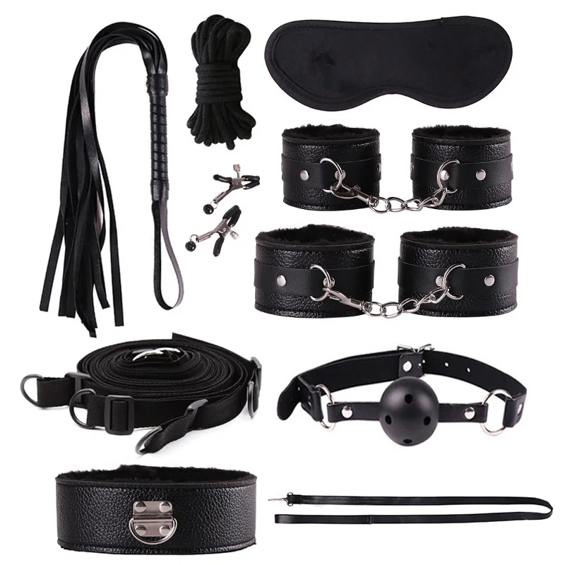

9PCS/LOT Restraints Leather Handcuffs Ankle Mask and PU Whip Black bdsm Bondage Set Adult Games Sex Toys for Couples Woman Slave
