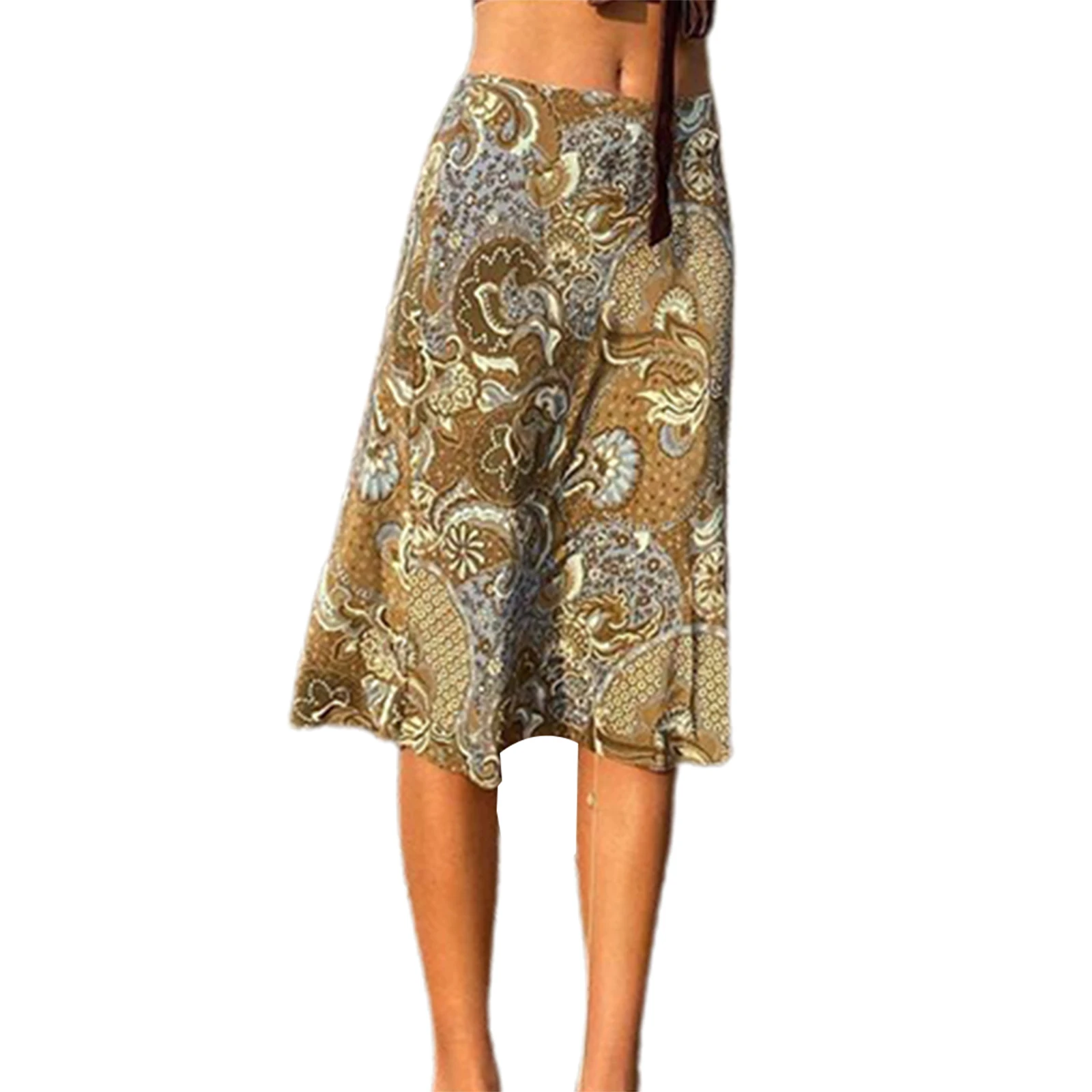 

Summer Women Floral Printed Pattern Skirt Khaki Low Waist Big Hem Retro Dress for Seaside/ Beach S/ M/ L/ XL