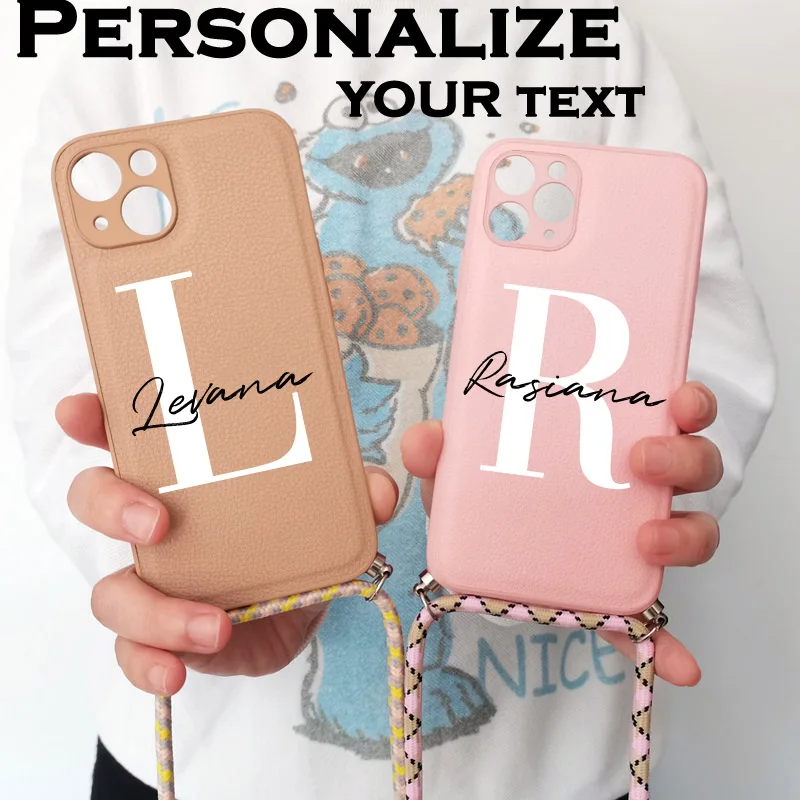 Customize Monogram Initial Name Luxury Leather Case iPhone 13 12 11 Pro Max 7 8 Plus X XR XS Max Case soft PU Lanyard Strap Case
