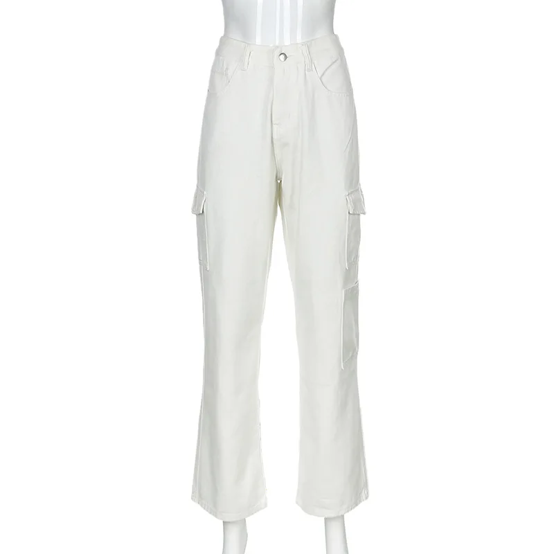 

Fashion Pocket White Women's Jeans Streetwear High Waist Jeans Vintage Straight Harajuku 2020 Denim Pants Cargo Pants