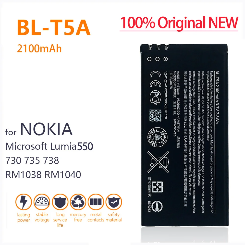 

100% Genuine BL-T5A Battery For Nokia Microsoft Lumia 550 730 735 738 RM1038 RM1040 2100mAh Phone New Batteries+Tracking number