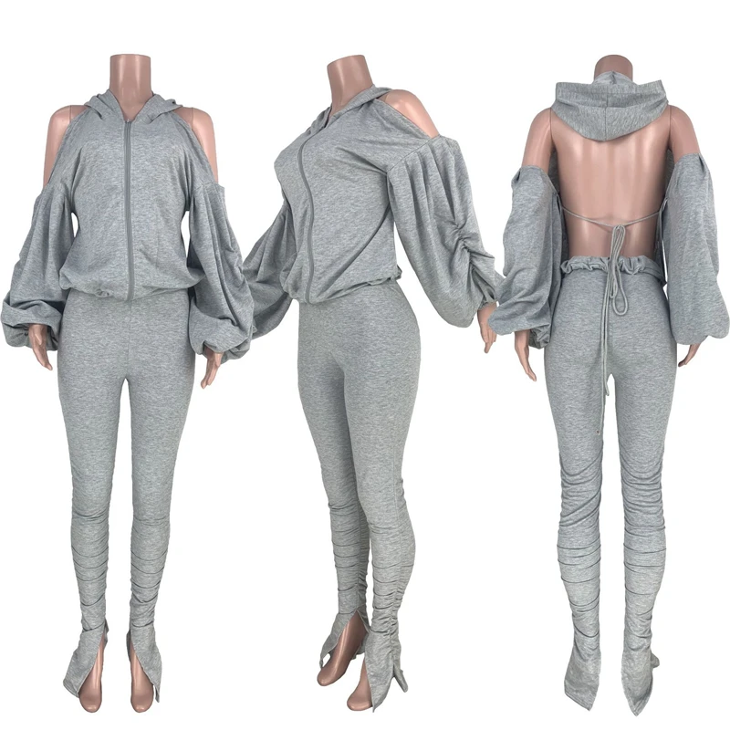 

Zoctuo Solid Two Piece Set Long Sleeve Women'S Set Backless Sexy Suit Women Zipper Hooded Sweatshirts Stacked Pants Set Outfit