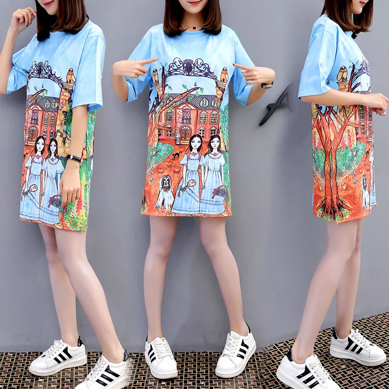 QING MO Spring Women Loose Dress 2021 Summer Beauty Printed Female Short Sleeve T Shirt ZQY2900 | Женская одежда