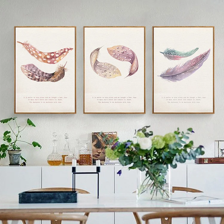 Настенное искусство стиль Китайская живопись на холсте цветные перья буква