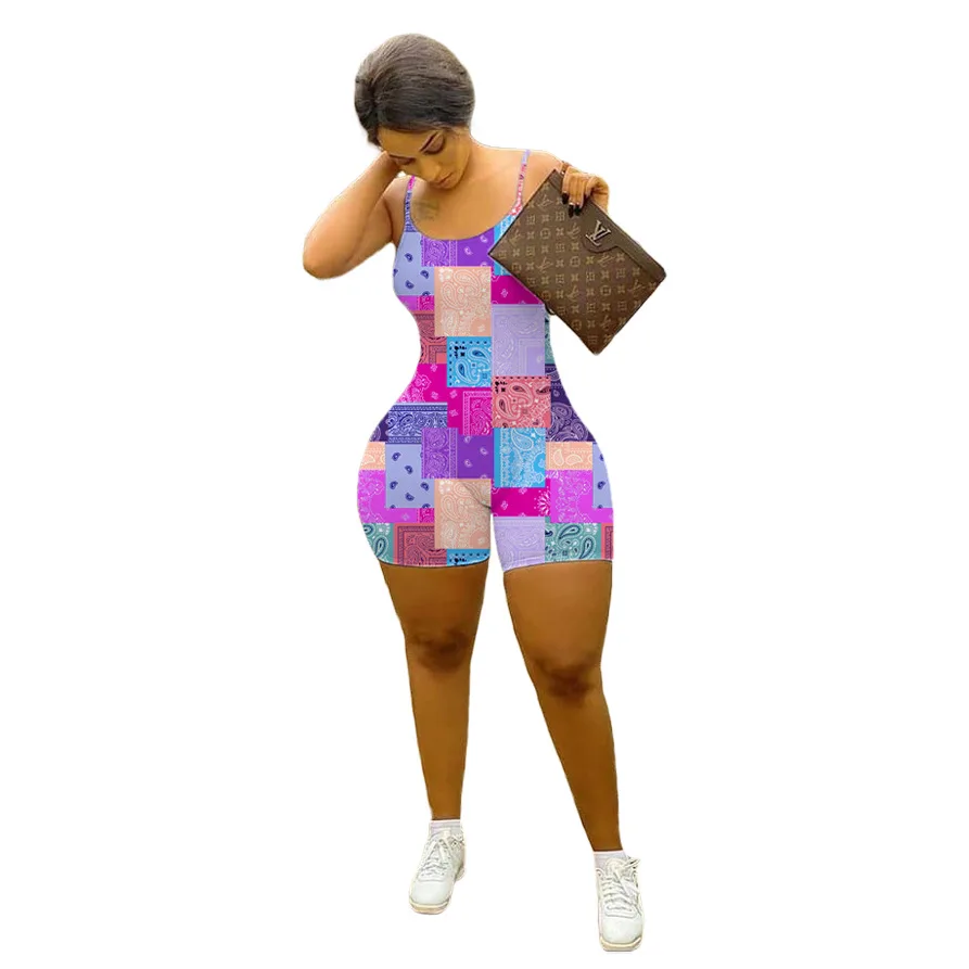 

2021 Summer Women Printing Tight Suspender Skinny Bodysuit Body Mujer Playsuit