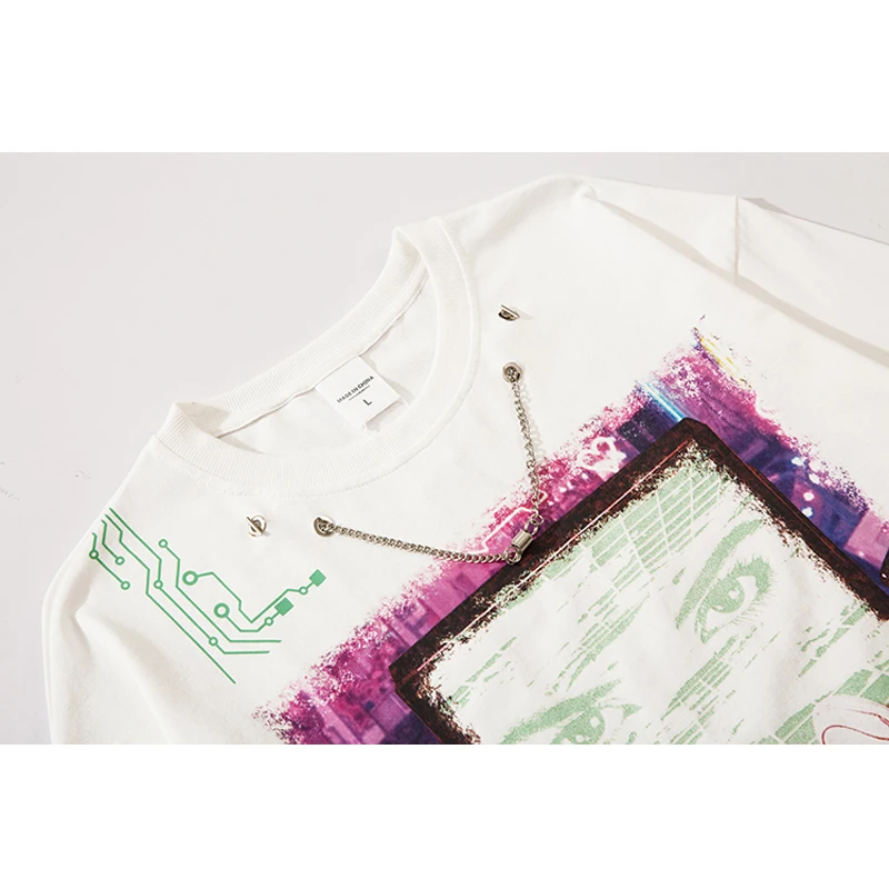 

Men Long-Sleeve Tshirt Cotton Retro Game Console Print With Necklace Decoration T-Shirt Coupleloose Simple All-Match Autumn Tees