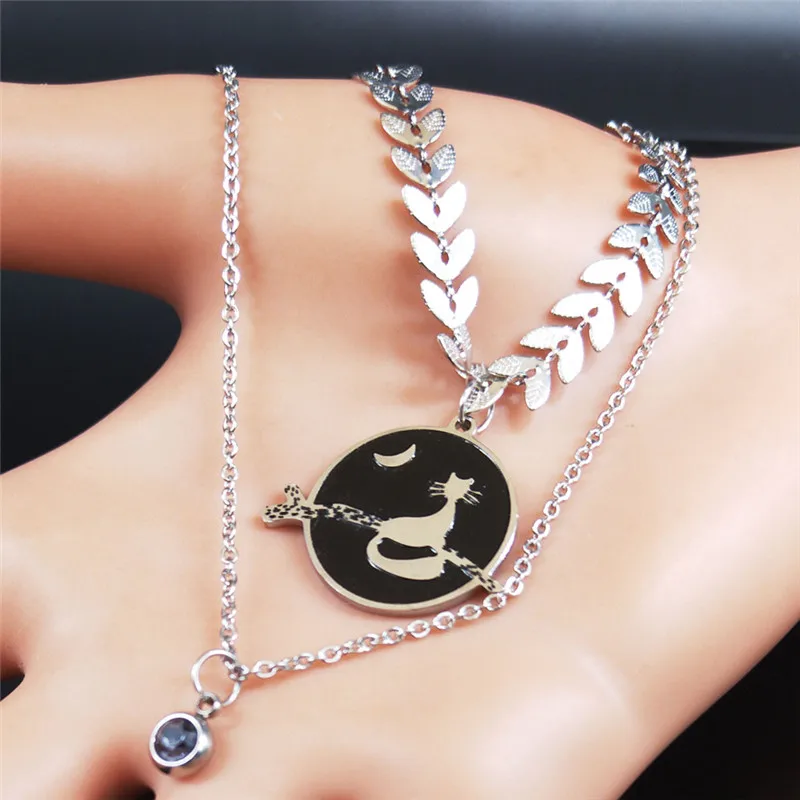 Многослойное ожерелье из нержавеющей стали с котом 2021 для женщин серебряное