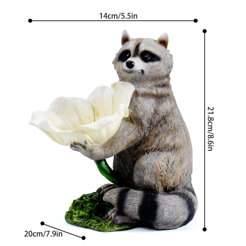 

Creative Raccoon Shaped Resin Statue Bird Feeder Cute Lifelike Animal Figurine Holding Flower Squirrel Drinking Ornament Home=