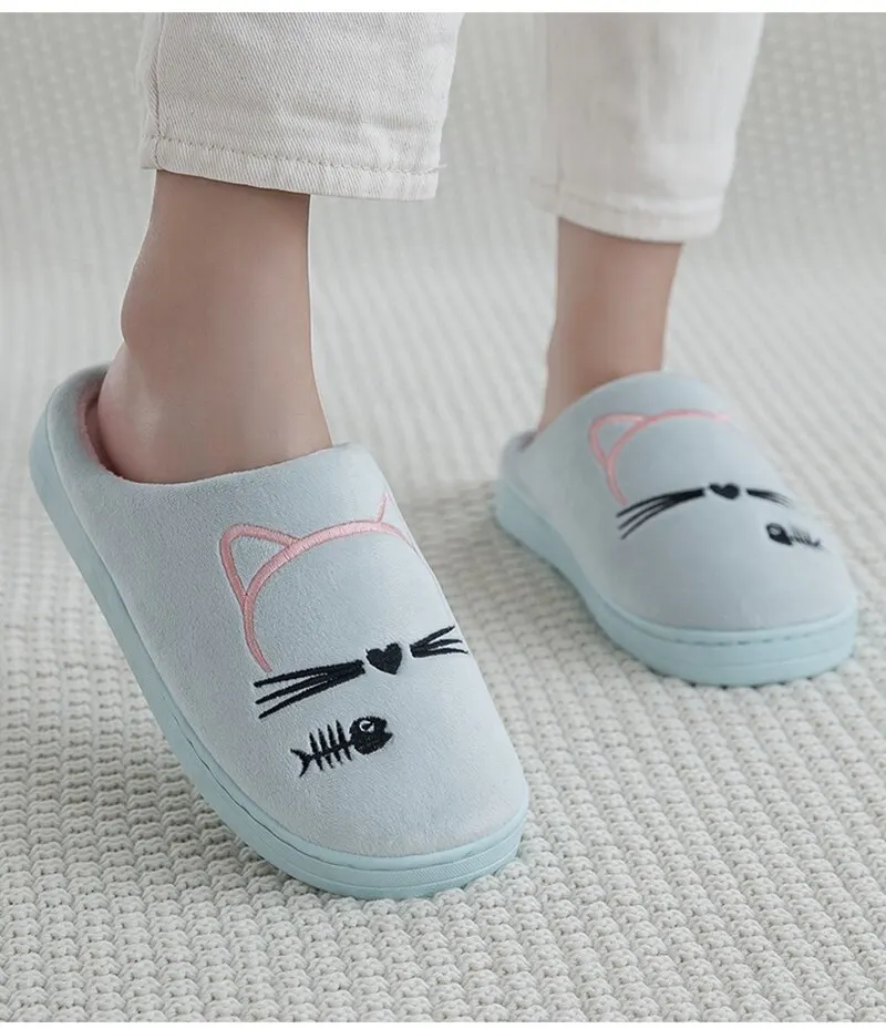 Women Winter Home Slippers Cartoon Cat Shoes Non-slip Soft Warm House Slippers Indoor Bedroom Lovers Couples Shoes