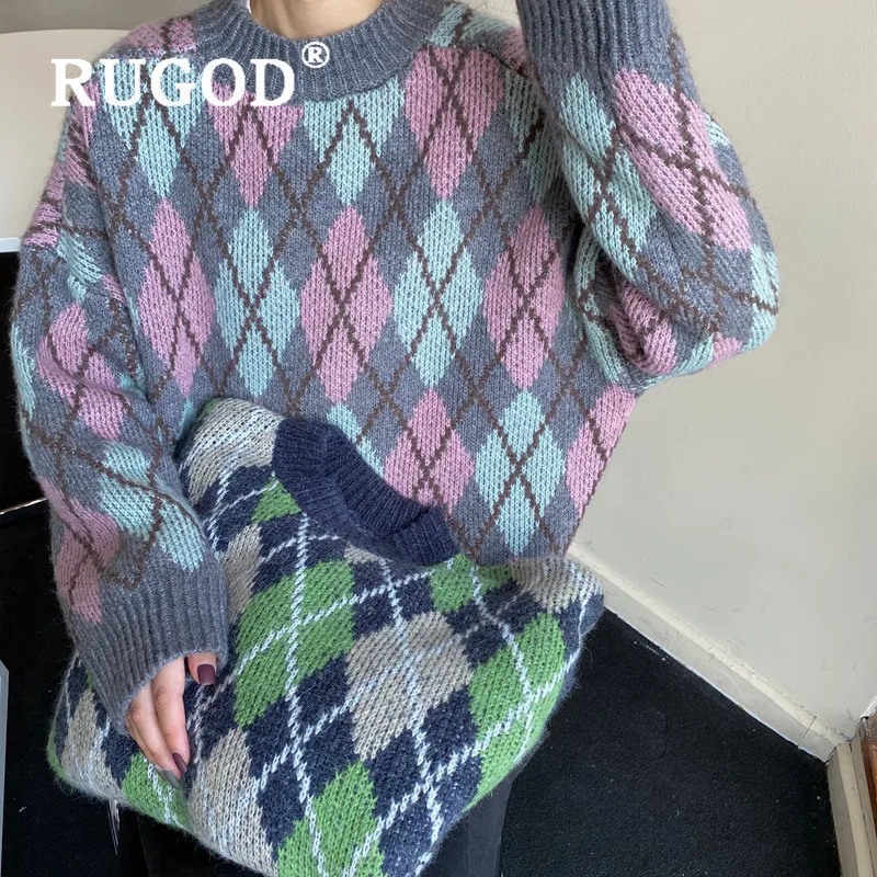 RUGOD Christmas sweater for women vintage plaid pattern oversized tunic korean chic warm knitted pullover fashion casual female | Женская