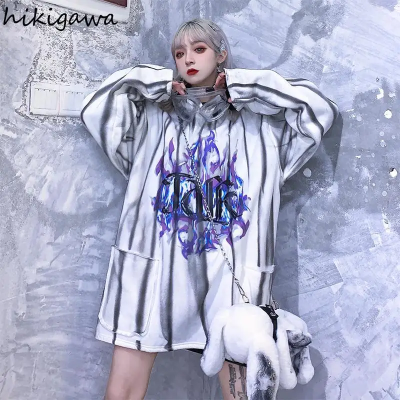 

Hikigawa Hoodies Women Loose Chic Print Vintage Gothic Sweatshirt Streetwear Plus Size Casual Tie-dye Long Sleeve Pullover Tops