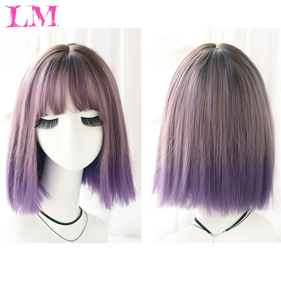 

LiangMo Short Bob Wig With Bangs for Women Synthetic Bob Wigs Straight Black Green Wig for Party Daily Use Shoulder Length