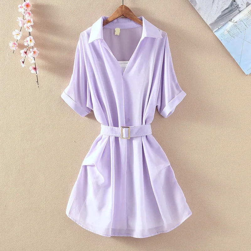 2021 летняя шифоновая женская блузка с v образным вырезом имитация 2 шт. одноцветная