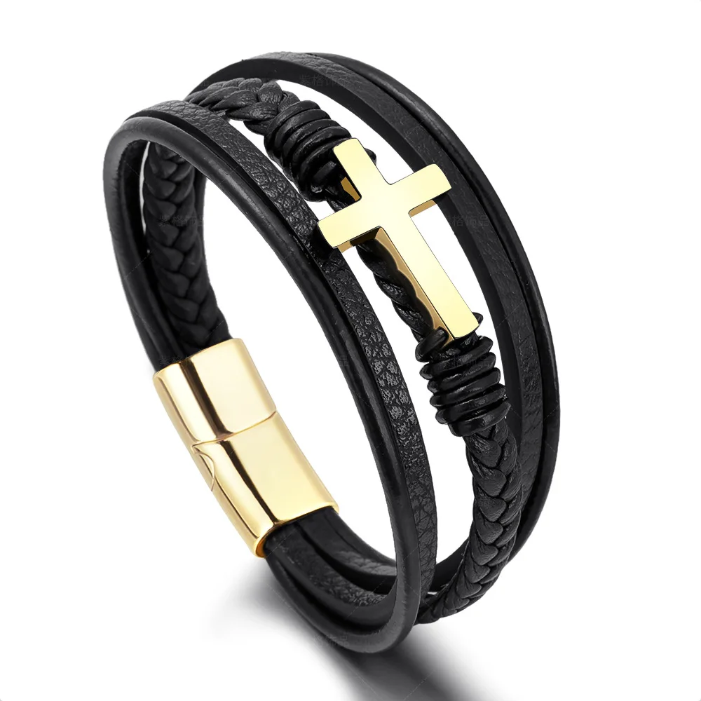 

European And American Exaggerated Geometric Weaving Manual Leather Magnetic Buckle Stainless Steel Cross Bracelet For Men