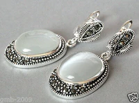 fashion clear white opals cats eye stone 925 sterling silver marcasite earrings