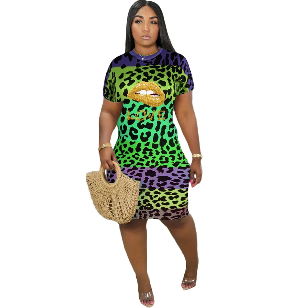 

Colorful Mouth Leopard Print Summer Dress Women Round Neck Short Sleeve Bandage Dresses Vintage Female Skinny Knee Length Dress
