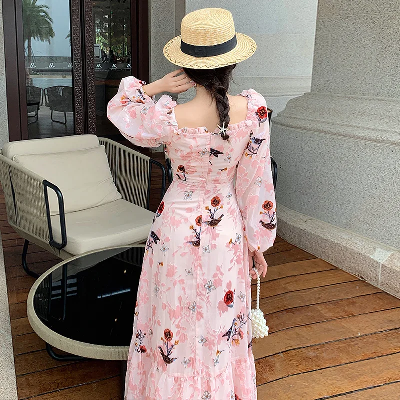

French Style Dress Women's Gentle Floral Print Square Collar Elegant Dress 2021 Summer New Fairy High-waist Slimming Maxi Dress
