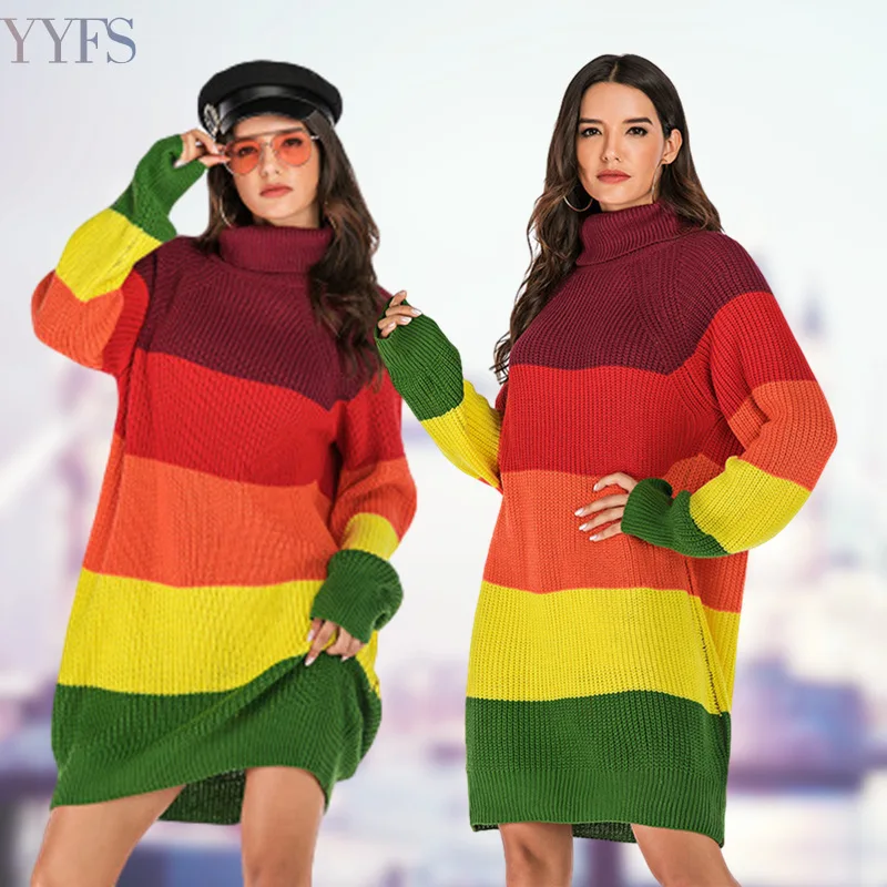 

y2k Autumn Winter Newest High Collar Bump Color In Long Recreational Sweater Female Autumn Winter Loose Show Thin Knit Shirt
