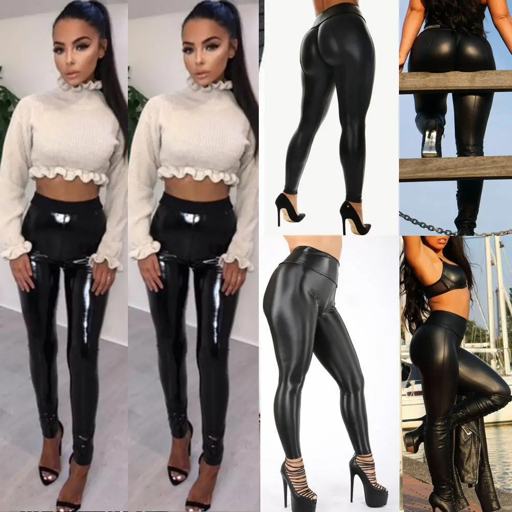 

Trousers Women Sexy Black Faux Leather Pants Slim Soft Strethcy Shiny Wet Look Leggings Capris