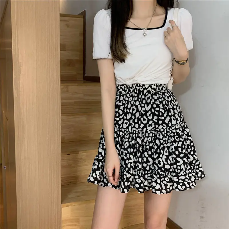 

Floral Chiffon Skirt 2021 women's new summer leopard short skirt, elastic high waist, thin and light proof pleated skirt