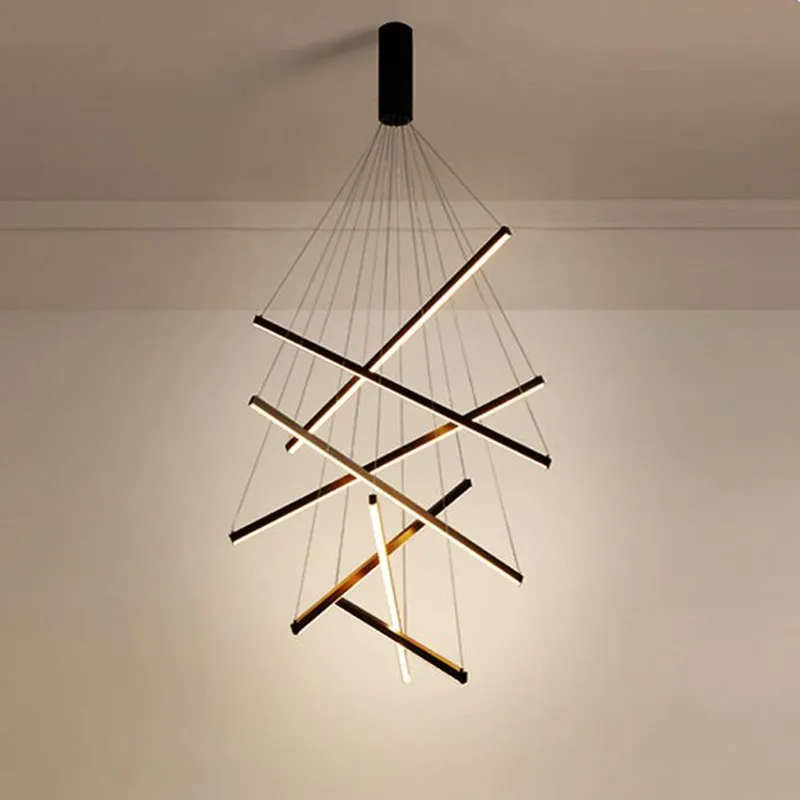 

Black Stair Chandelier simple modern duplex building high-rise empty living room hall creative personality long LED line lamp