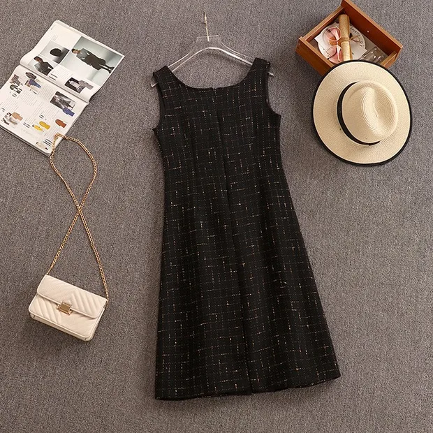 

High Quality Autumn Winter Tweed 2 Piece Set Women Outfits Elegant Plaid Short Jacket Coat + Woolen V Neck Vest Dress Suits