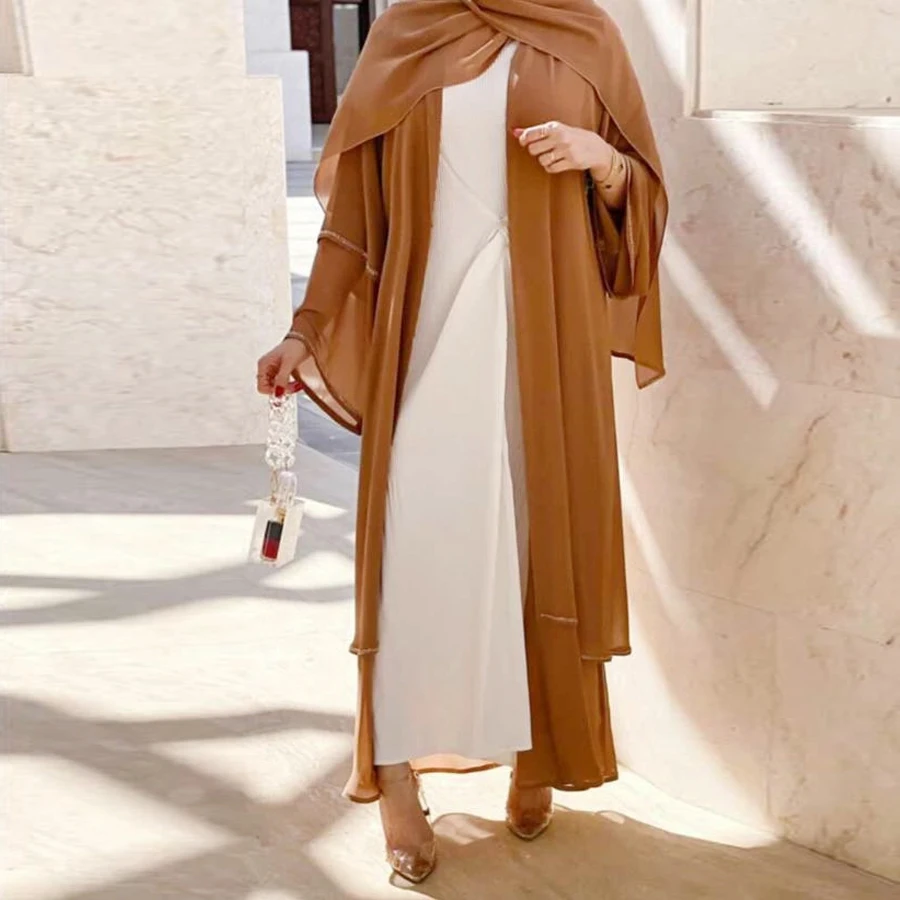 

Summer Women Muslim Tiered Abaya Purfle Kimono Open Front Dubai Turkey Saudi Islamic Modest Outfit Cardigans Duster Coat