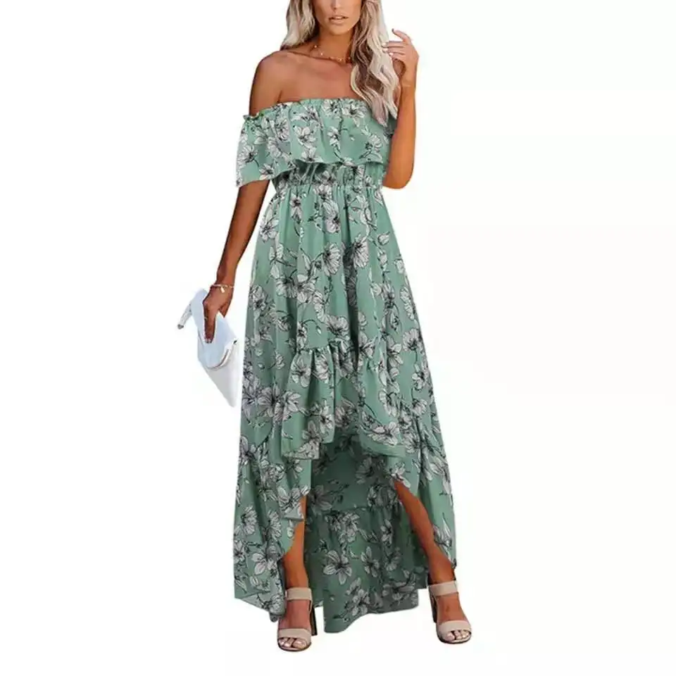 

Printed Asymmetric Long Dress Ladies Bohemian One Shoulder Ruffled Slim High Waist Floral 2021 Summer Young Style Fit Material