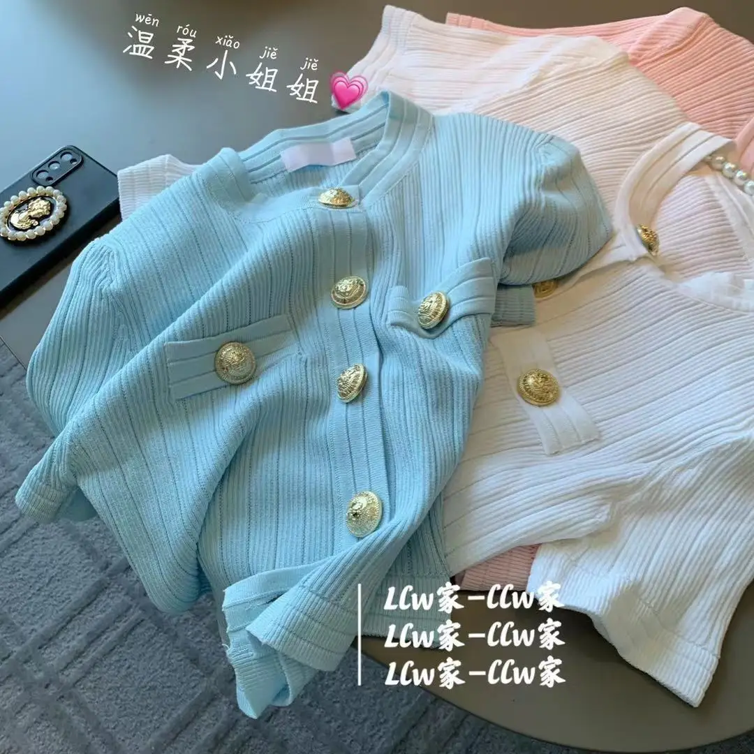

Knitted Cardigan Women's Thin 2021 Summer New T-shirt Metal Button Ice Silk Short Sleeve Jacket