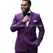 High Quality Purple Printed Men Suits Slim Fit 2 Piece/Wedding Best Man Groom Suits/Elegant Gentleman Clothing/Blazer+Pants Set (4)